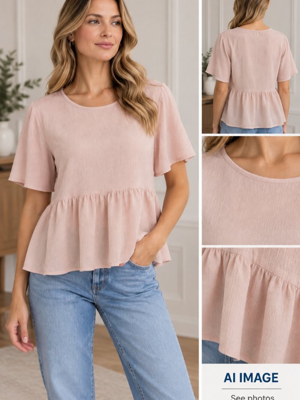 Wilfred Aritzia Blush Pink Flowy Peplum Blouse Half Sleeves Size M Lightweight